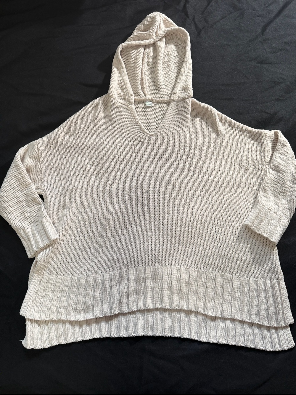 aerie Cream V-Neck Hooded Knit Sweater